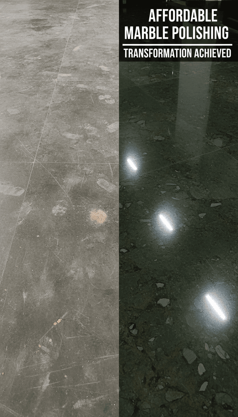 Kota stone floor restoration before and after, one side worn and dusty, the other rich and polished
