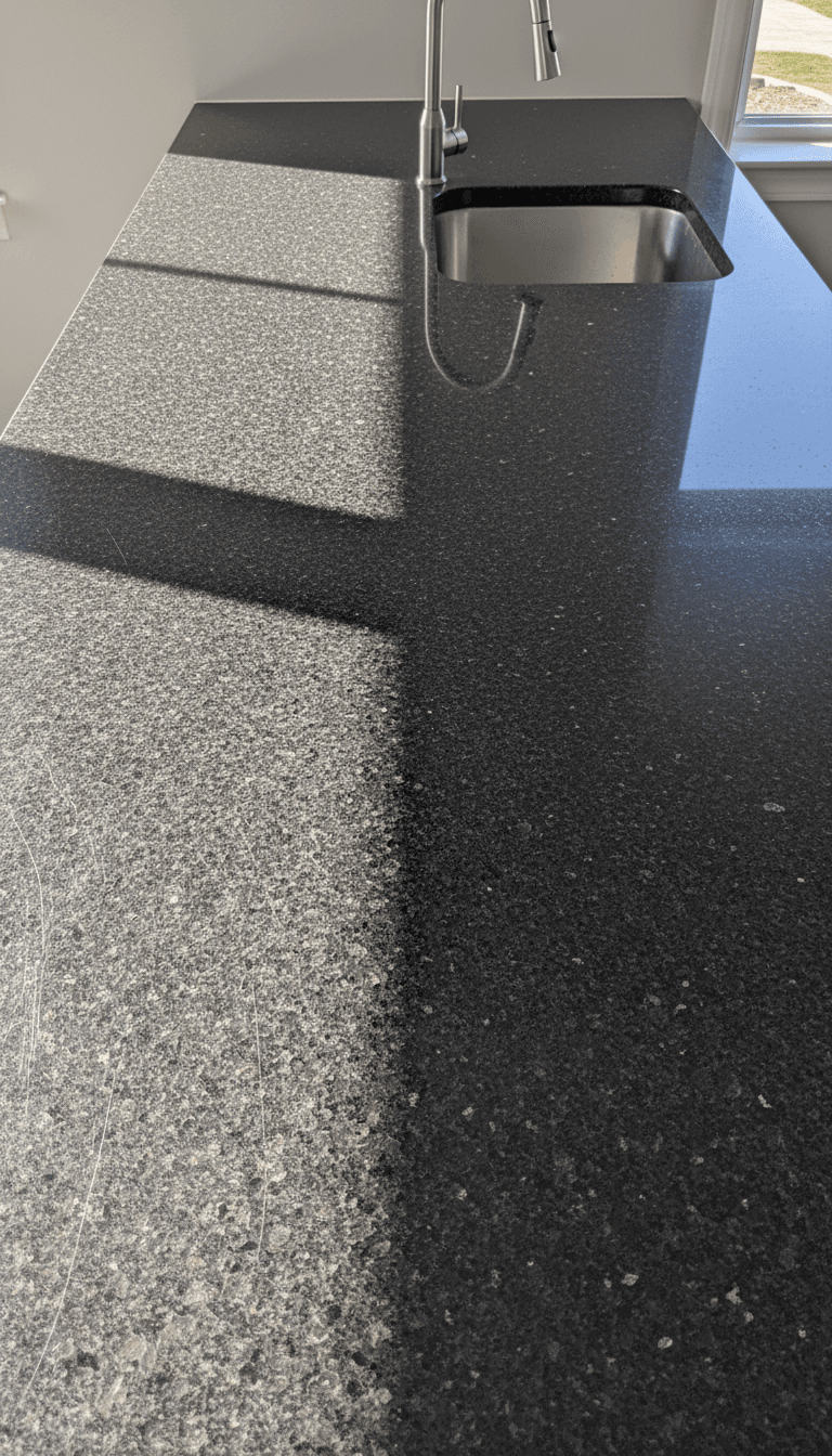 Granite countertop restoration close-up showing etched dull area and adjoining polished glossy finish