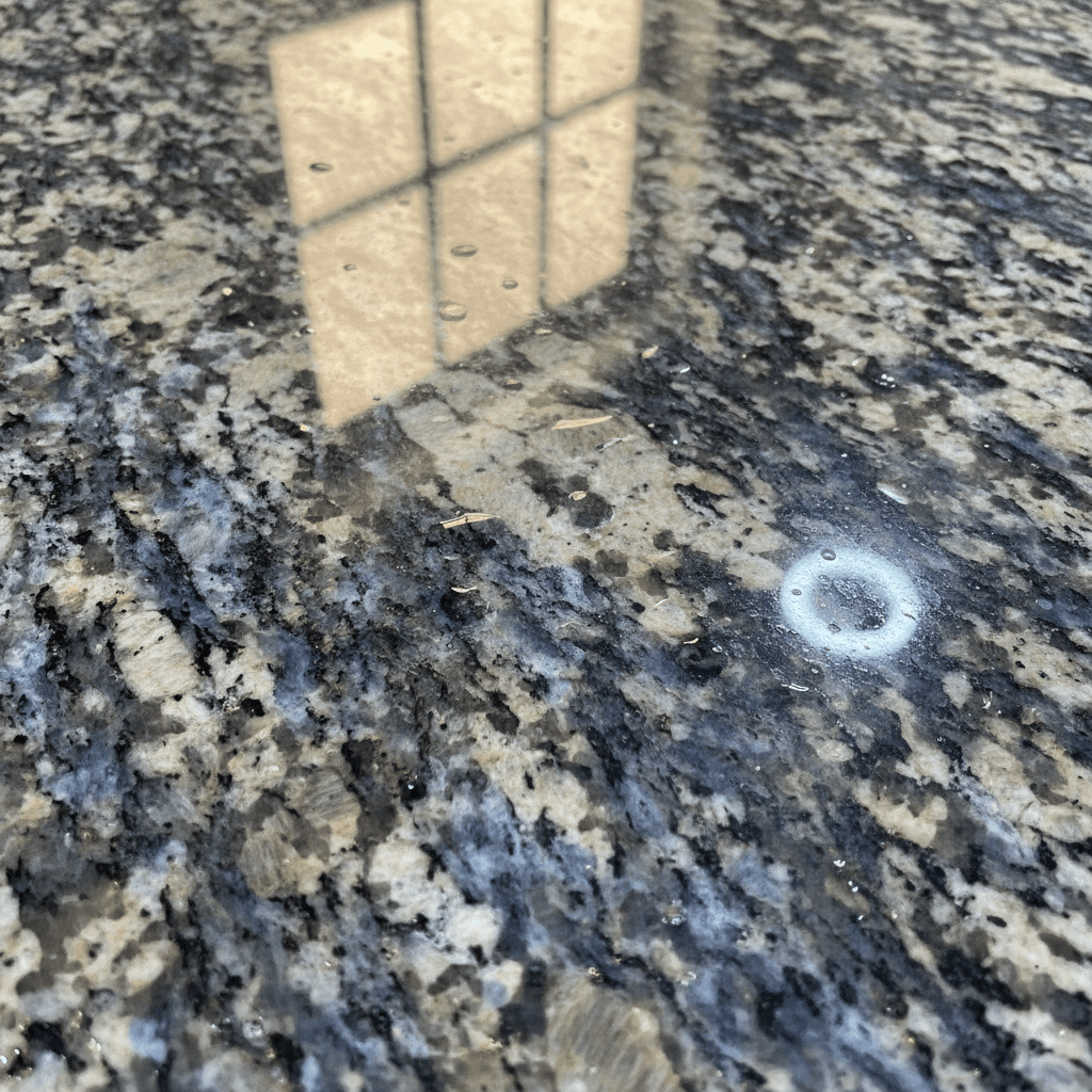 Close-up of professionally cleaned and polished granite countertop surface with mirror-like shine and reflection