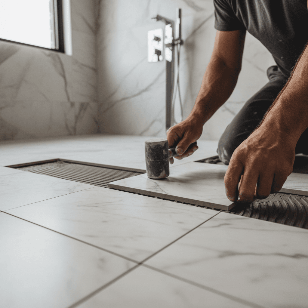 Close up of craftsman polishing marble floor with professional equipment